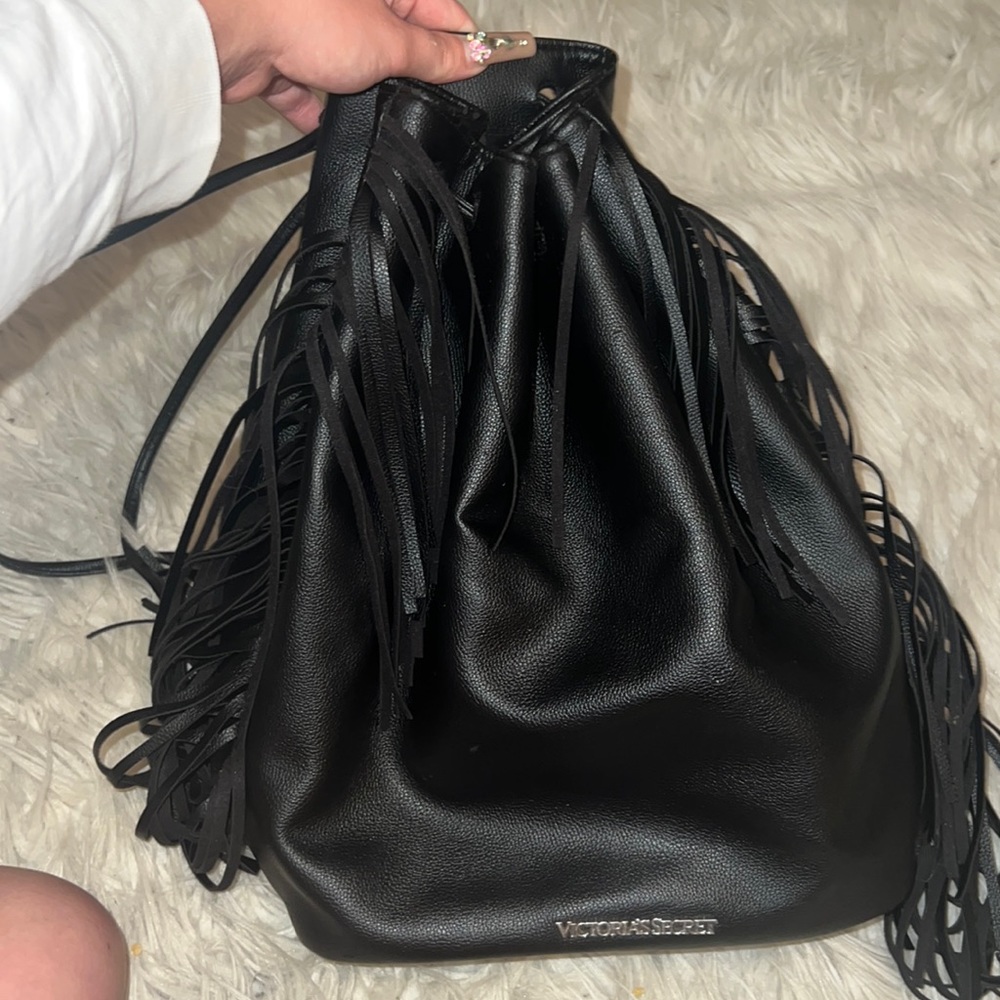 Black Leather Drawstring Backpack - image 1